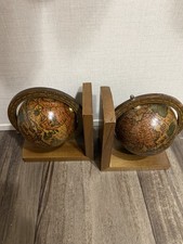 Made In Italy Vintage Bookend Set Globe Wood World Map Gold Tone Decor picture