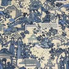 VINTAGE BLOOMCRAFT Rare Design Chinoiserie Upholstery Fabric Blue Ivory picture