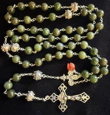 Handmade Artisan Sterling Silver  Catholic Rosary Nephrite Jade Gemstone Beads picture