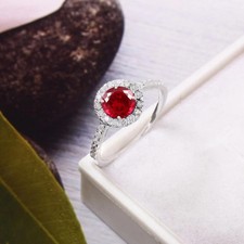 6x6 MM Round Red Ruby Ring With Zircon Accents In 925 Sterling Silver All Sizes picture