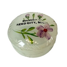 REED CITY MICHIGAN MI Antique Depression Glass Souvenir MILK CUT TRINKET BOX picture