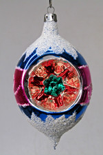 VTG Glass Indent Embossed STAR Mica Pictured Blue DROP Christmas Ornament Poland picture