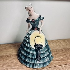 GOLDSCHEIDER-EVERLAST Southern Belle Ceramic Figurine in Teal Ruffle Gown Hat picture