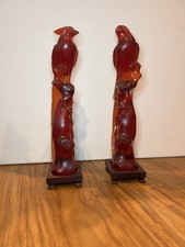Bird of Paradise Figures Chinese Hand Carved Cherry Red Amber Resin Lot 2 VTG picture