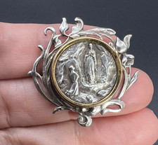 Vintage LOURDES Grotto Religious Brooch Pin Ornate Silvertone w/ Floral Frame picture