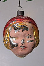 Antique Vintage Glass Embossed GOLD HAIR GIRL HEAD Christmas Ornament Germany picture