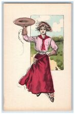 c1910's Pretty Woman Dress Cowgirl Hat Field Unposted Antique Postcard picture