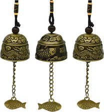 3Pcs Vintage Dragon Bell Bronze Fish Carved Feng Shui Bell picture