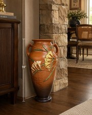RARE Roseville 19” Freesia Tangerine Floor Vase - C 1938. #129-18 picture