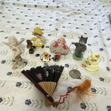 Vintage Miniature Trinket Lot 10pc Tiny Hand Fan Dollhouse Toy Animals Sled picture