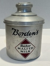 Vtg. Borden’s Richer Malted Milk Embossed Aluminum Canister w/ Domed Lid 1950’s picture
