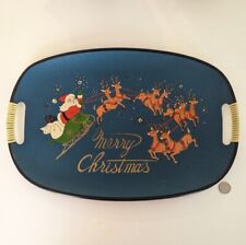 Vtg Christmas MCM 1950s Santa Claus Sleigh Reindeer Blue Serving Tray 17.5”Japan picture
