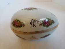Vintage Porcelain Lidded Egg Painted Roses Floral Trinket Dish Easter Spring picture