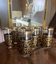 Culver Baroque Ebony High Ball Tumbler Set 22k Gold Black Collins Glasses picture