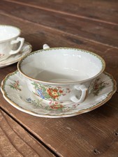 Devon Myott Staffordshire Lugged Soup Bowls & Underplates Floral Deco VTG China picture