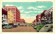 Eighth Street Coffeyville Kansas Linen Postcard Lyric Theater Vintage Cars picture