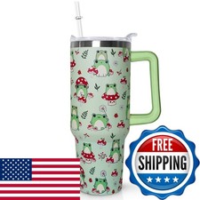 Ceovfoi 40 oz Frog Tumbler Green Kawaii Mushroom with Handle Lid Straw picture