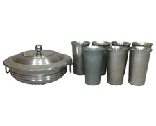 VTG Silver Tone Metal Covered Vegetable Serving Bowl Casserole 7 Tumbler Cups picture
