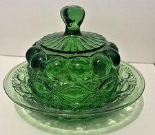 VINTAGE MOSSER GREEN GLASS EYE WINKER PATTERN COVERED BUTTER DISH W/ LID picture