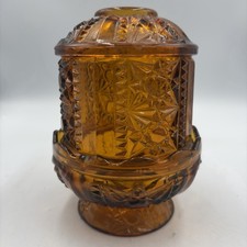 Vtg Indiana Glass Amber Stars & Bars  Fairy Lamp Candle Holder Whimsical Read picture