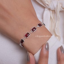 925 Sterling Silver Handmade Red Garnet Bracelet Jewelry Gift picture