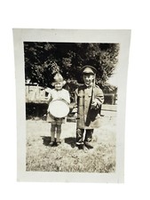 Vintage Children in Costumes Snapshot Photo Boy Soldier and Little Drummer Girl picture