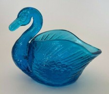 Aqua Blue Glass Open Bowl Swan Trinket Candy Dish picture