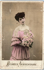 Vintage Postcard Heureux Anniversaire Woman With Bouquet French Card picture