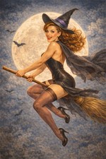 Pinup Sexy Woman Halloween Witch Moon Broom Bats MODERN Vintage Postcard A233 picture