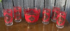 Mid-Century VTG Rare MCM 5 Red & Gold Highball Glasses Barware & Ice Bucket picture