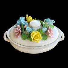 Vintage Lidded Casserole Dish Handmade Ceramic Floral  Granny Core Cottage Core  picture