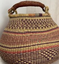 Large Round Hand Made Gahna Market Basket Leather Handle 11”X16” Boho picture