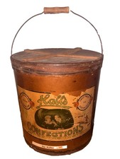 LARGE WOODEN Advertising Candy Pail HALLS OTTUMWA IOWA Confection Mt Ayer Grocer picture