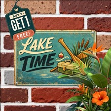 Gone Fishing by the Mountain Lake Sign Rustic Outdoor Sports Metal Tin Plaque picture