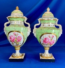 PAIR OF FRENCH / AUSTRIAN PORCELAIN 19TH CENTURY PINK ROSES W/ FACE HANDLES URNS picture