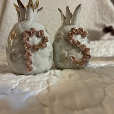 Vintage J.J.Newberry S/P Set In White Porcelain With Gold Accents & Pink Letters picture