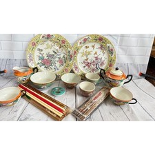 Vintage Chinese Porcelain Set Famille Rose Mun Shou Plates Tea Cups Chopsticks picture