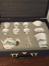 Porcelain Landscape Tea Set, Teapot w/ Lid, 6 Cups, Creamer, Sugar Bowl Box picture