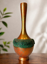 Vintage Japanese Takenaka Copper Vase Bronze Overlay Patina Asian Art 9x4” picture
