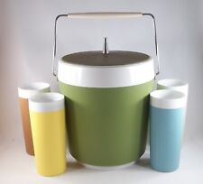 Vintage 1970's West Bend 5 Piece Set, Green Ice Bucket and 4 Colorful Tumblers picture