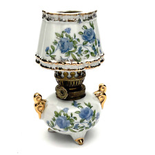 Vintage Royal Crown Hand Painted  Blue Rose Derby Miniature Oil Lamp Japan 3 leg picture