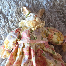 Rabbit Figurine Mixed Materials Floral Dress Lace Collar Pink Ribbon picture
