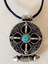Vintage Tibetan Double Dorje Gau Prayer Box Pendant Buddhist Amulet Silk Cord picture