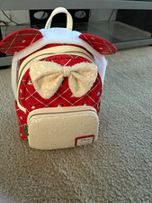Loungefly Disney Minnie Mouse Mini Backpack Red/White Plaid Sequin Bow Ears picture