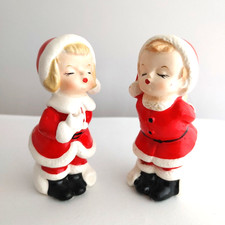 Vintage Kissing Santa Boy & Girl Santa Porcelain Christmas Figurines SR Japan 4” picture
