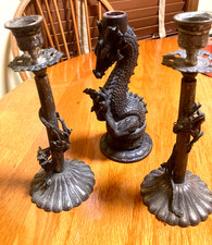 Pair VTG Gothic Dragon Metal Candlesticks and Resin Dragon Statue Candlestick picture