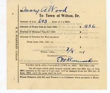 1921 Town of Wilton Connecticut Tax Receipt Document Mary A Wood EH Stannard CT picture