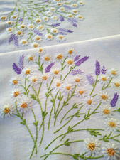 Charming White Daisies & Lavender Bouquets Vintage Hand Embroidered Tablecloth picture