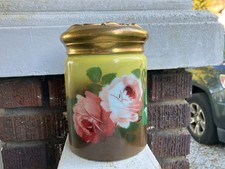 Antique Tobacco Humidor Hand Painted Milk Glass Art Nouveau Brass Lid Circa 1912 picture