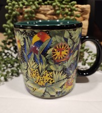 Vtg 2004 Laurel Burch Jungle Songs Coffee Mug Tea Cup Cheetah Sun Bird Art 4” picture
